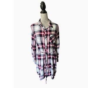 BLL nyc XL Plaid Flannel Shirt Dress Long Sleeve Tie Waist Casual Womens